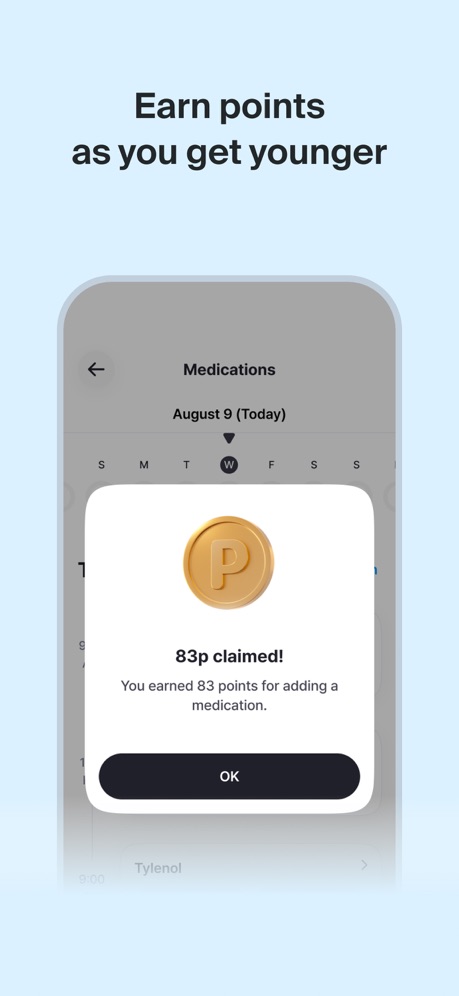 AHEALTH: Get Healthy Get Paid App Store screenshot 4, headline “Earn points as you get younger”. Playful tone.