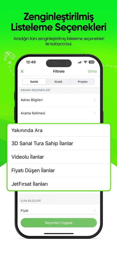 Emlakjet: Emlak Ara & İlan Ver - Dieses Tool bietet diverse Filterkategorien wie 'Satılık' und 'Kiralık' sowie Optionen für 3D-Touren und Videodarstellungen von Immobilien.