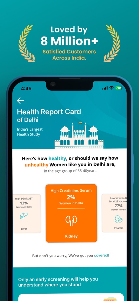 Healthians - Full Body Checkup - Discover personalized health report cards, highlighting insights into specific health markers like 'High Creatinine, Serum' for kidney health and 'Low Vitamin D' levels.