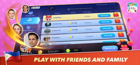 Tongits ZingPlay - Card Game - Build and maintain social bonds using the intuitive "Friend list" interface and the ability to "Send gift".