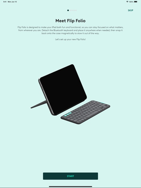 Logi Options+ Mobile - Les utilisateurs sont accueillis par une présentation détaillée du clavier Flip Folio, mettant en avant sa conception détachable et son attachement magnétique pour une flexibilité accrue.