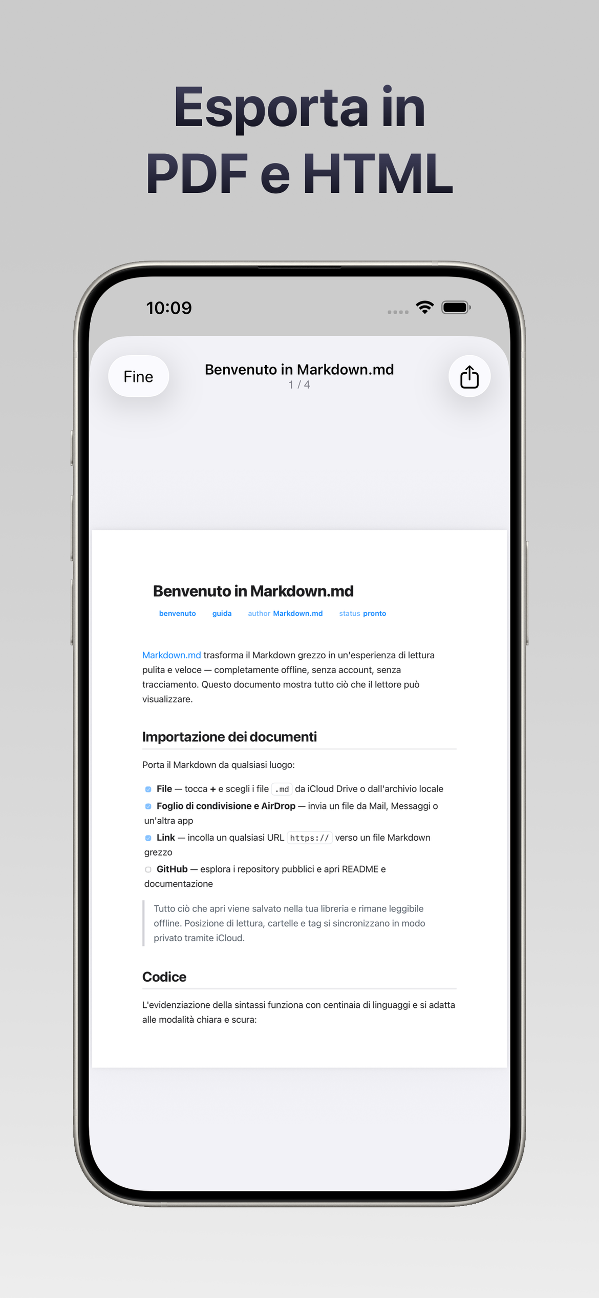 Esporta in PDF e HTML