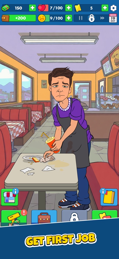 From Zero to Hero: Idle game! - Witness the protagonist's early struggles depicted through the character's weary demeanor in a diner workplace and the encouraging "GET FIRST JOB" prompt.