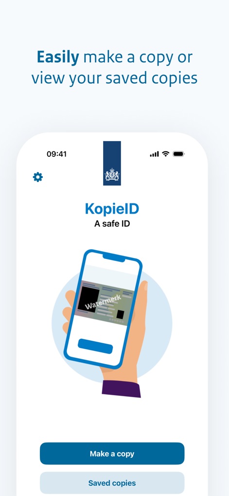 KopieID - The app presents a user-friendly interface for managing documents, offering immediate access to both the "Make a copy" function and "Saved copies."