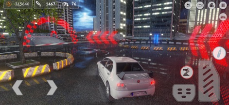 Driving Zone - Los usuarios experimentan un derrape controlado en un entorno urbano detallado, destacando la lluvia intensa y las calles mojadas con reflejos urbanos que añaden realismo.