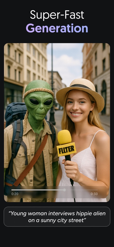 AI Video, Pic Generator・Filter - Die App demonstriert eine schnelle Generierung durch die Darstellung einer Interviewszene mit einem Alien und dem zugehörigen Textprompt, der die Kreation steuert.