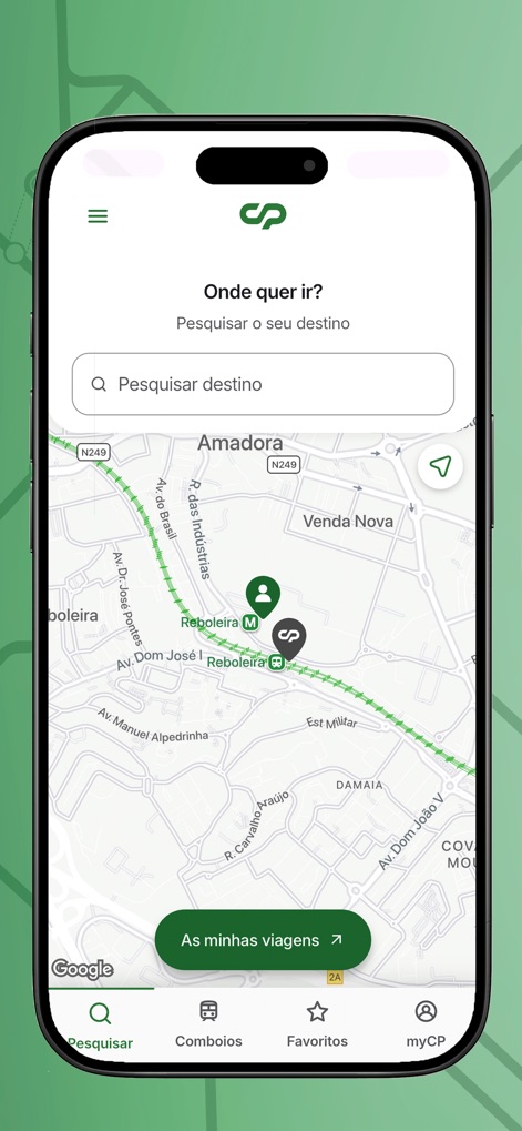 Comboios de Portugal - Les utilisateurs peuvent explorer leur destination via une carte interactive Google Maps et accéder directement à leurs voyages depuis la barre de recherche intuitive.