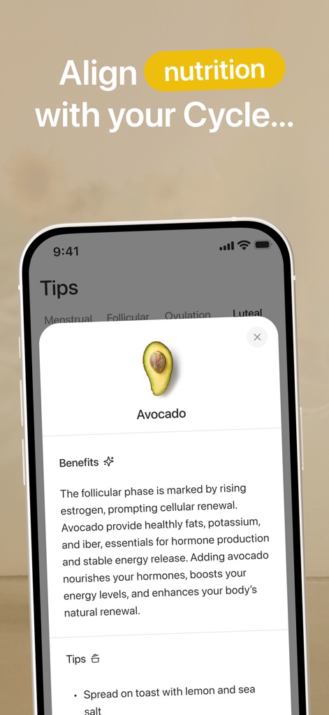 Harmony: Cycle Syncing, Period - This tool provides specific dietary recommendations, such as avocado benefits for the follicular phase, explaining how certain foods align with unique hormonal shifts.