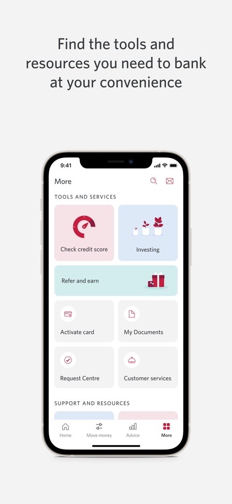 CIBC Mobile Banking - This section provides a consolidated hub for 'Tools and Services' such as 'Check credit score' and 'Investing', streamlining access to essential banking resources.