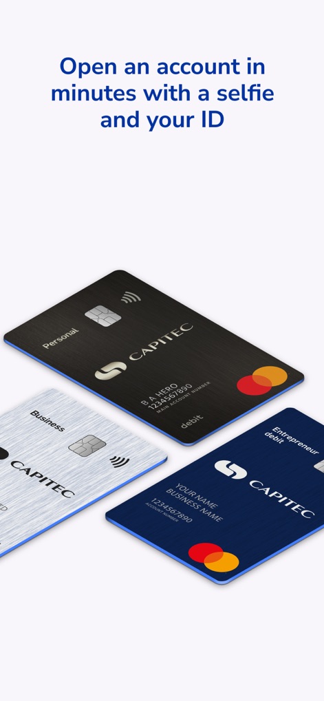 Capitec Bank - Users can open accounts swiftly with ID verification, gaining access to a variety of card types tailored for personal, business, or entrepreneurial needs.