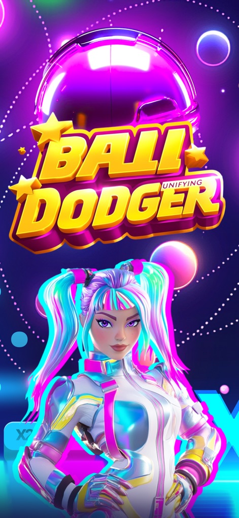Ball Unifying Dodger - This screen proudly displays the app's bold, stylized logo and introduces a striking character model, setting an engaging tone.