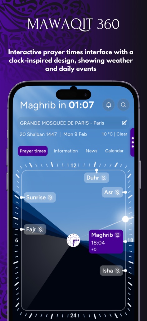 MAWAQIT - Prayer times, mosque - La interfaz MAWAQIT 360 ofrece tiempos de oración interactivos con un diseño visual de reloj y un menú desplegable para cambiar el diseño de la vista.