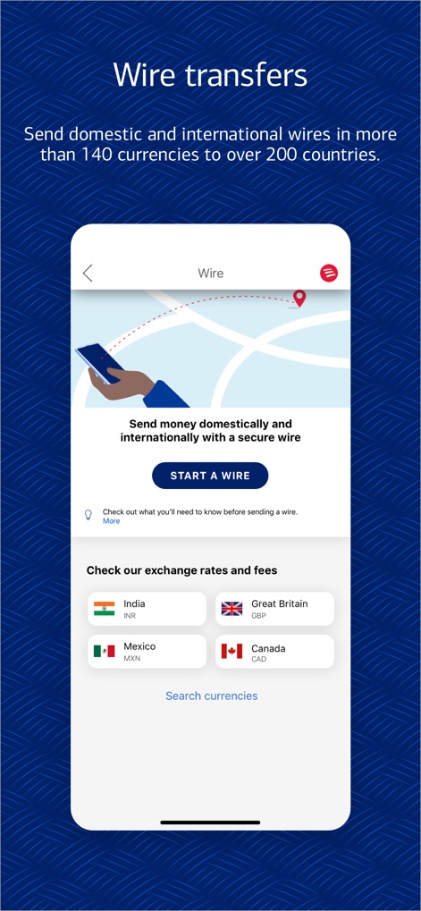 Bank of America Mobile Banking - Users can initiate domestic and international wire transfers, with the interface displaying exchange rates for various currencies and countries.