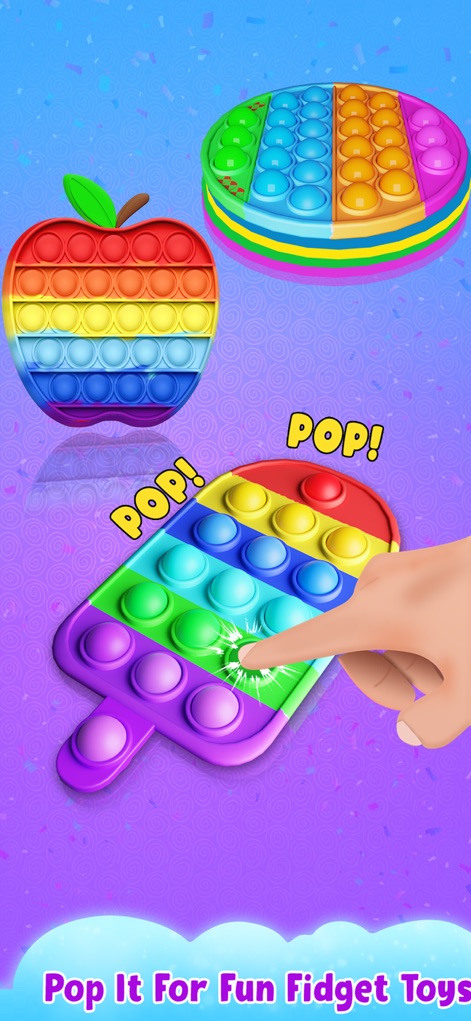 Fidget Toys 3D - Pop It Game - The app showcases a variety of engaging pop-it shapes, including an apple and a popsicle, demonstrating interactive popping action.