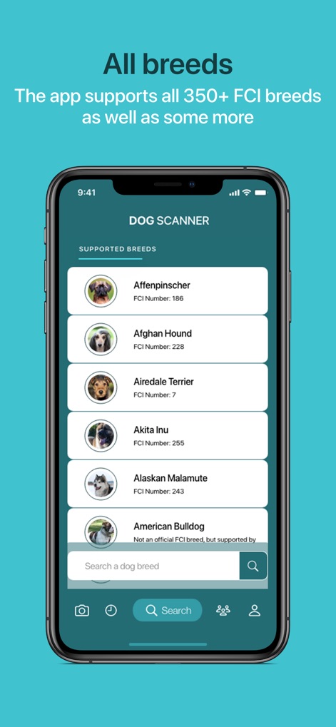 Dog Scanner - The app features an extensive database of supported breeds, providing a searchable list with images and FCI numbers for each dog, from Affenpinscher to Akita Inu.