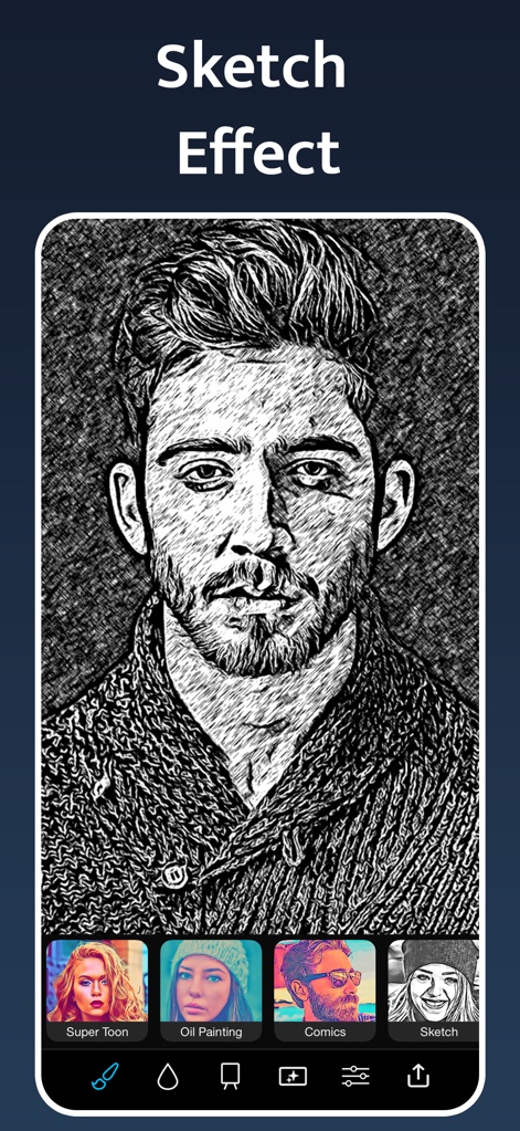 Instant Toon: Cartoon Art Cam - La aplicación proporciona un detallado efecto de boceto, convirtiendo la fotografía en un dibujo a lápiz con líneas finas y un sombreado texturizado. El resultado emula un diseño manual con gran precisión en los detalles faciales.
