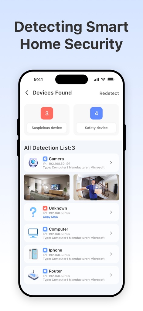 Camera Connect - Home Security - Users can easily view distinct counts for 'Suspicious device' and 'Safety device', alongside a detailed list of all detected devices including 'Camera' and 'Unknown' entries.