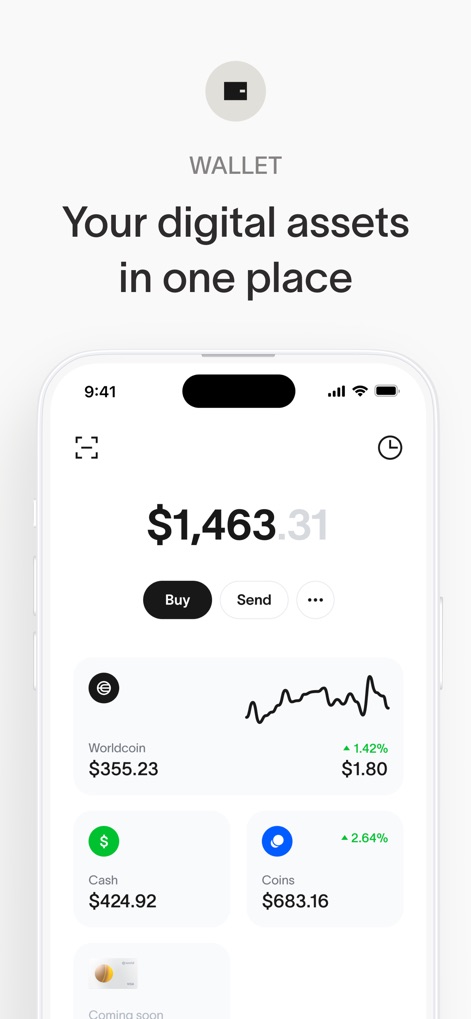 World App - Real Human Network - The "Wallet" interface efficiently displays the user's total digital asset balance and a dedicated section for "Worldcoin" with its corresponding value and trend graph.