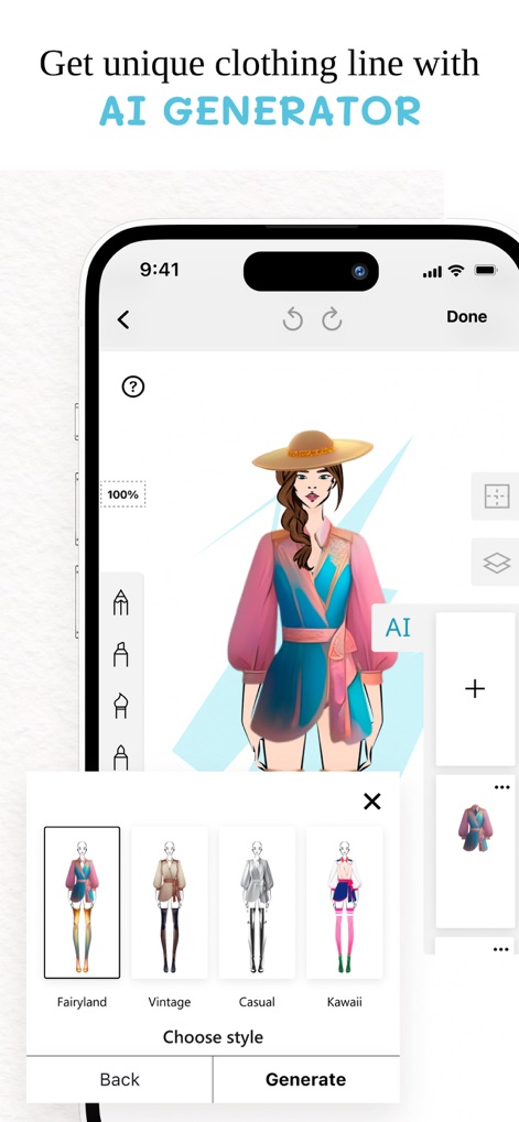 Fashion Illustration: Designer - Discover the power of AI generation, enabling users to create unique clothing and accessories by selecting specific styles and refining outcomes with smart editing features.