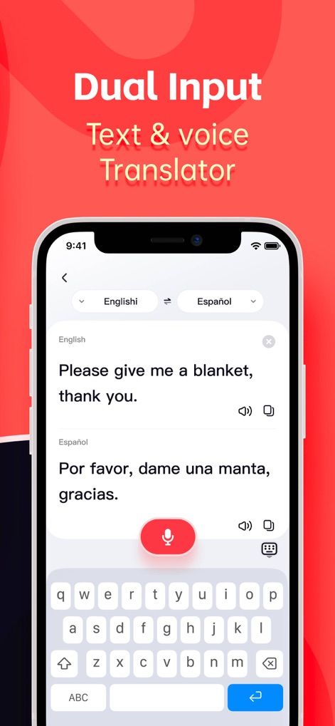 AI Voice Translate:Translator - O aplicativo oferece entrada dupla, permitindo aos usuários digitar texto como "Please give me a blanket" e visualizar a tradução, enquanto o teclado virtual facilita a interação.