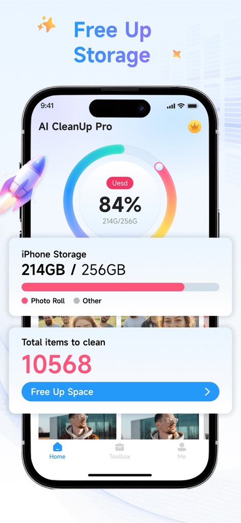 AI CleanUp Pro - Photo Cleaner - The app provides a clear storage overview with a prominent circular usage indicator and a detailed breakdown of iPhone storage.