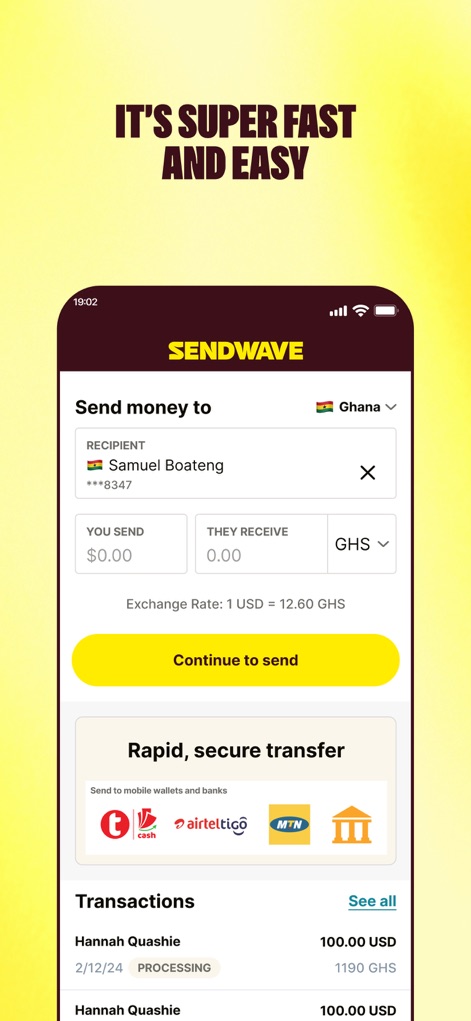 Sendwave Send & Transfer Money - Examine the detailed transfer form, including recipient information and amount fields, alongside transparent real-time exchange rates and partner network logos.