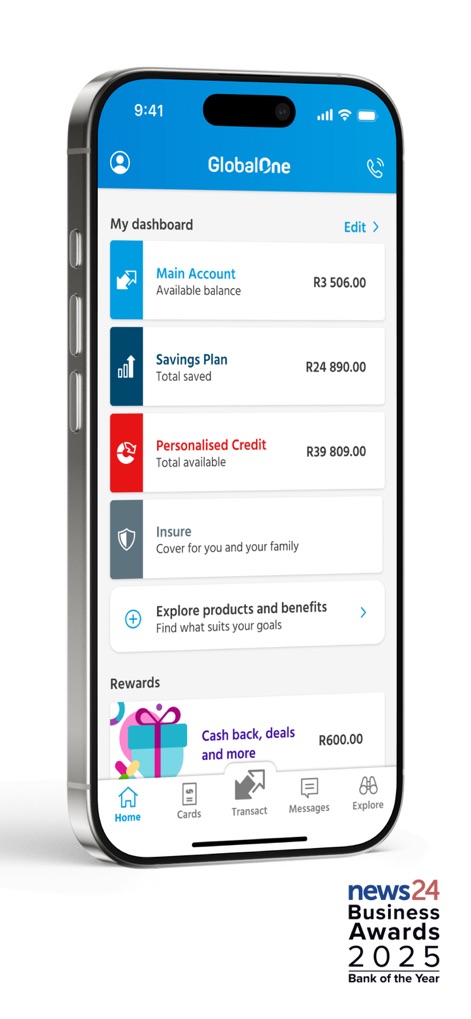 Capitec Bank - The app presents a clear 'My dashboard' providing an instant financial summary, complemented by an intuitive bottom navigation bar for seamless feature access.
