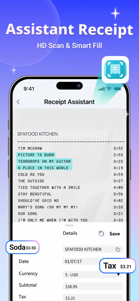 PDFelement: PDF Editor, Viewer - この画面は、「領収書アシスタント」が紙の領収書をHDスキャンし、「税額」や「小計」などの情報を自動で認識・抽出して整理する機能を視覚的に紹介しています。