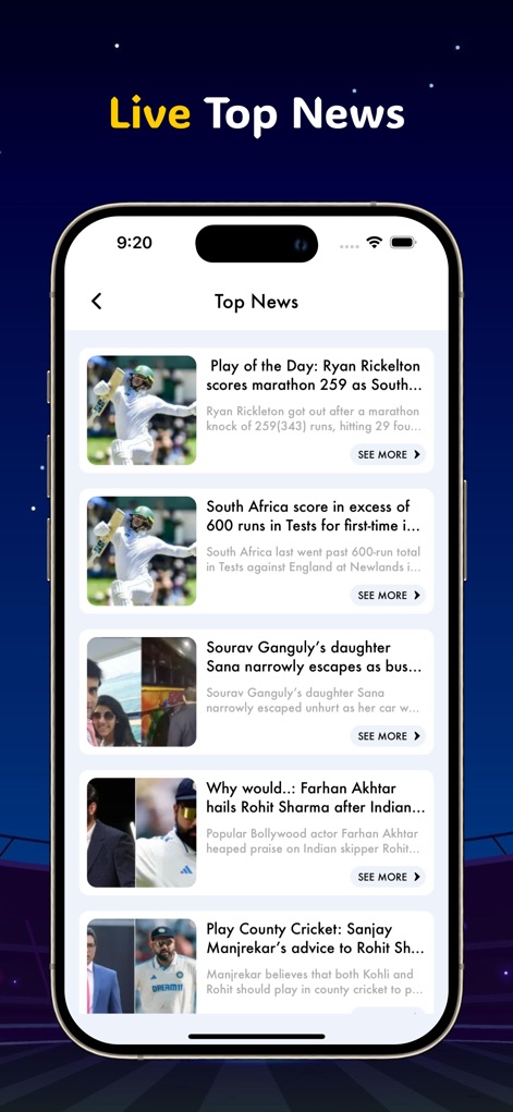 Live Cricket TV HD Sports - Gli utenti restano aggiornati con un feed di notizie aggiornate, che offre le ultime breaking news e approfondimenti dal mondo del cricket, supportato da miniature illustrative per un contesto visivo immediato.
