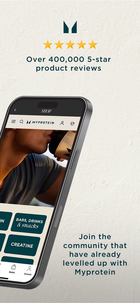 Myprotein: Fitness & Nutrition - Users can explore a vast community validated by over 400,000 5-star product reviews, alongside the app's intuitive shopping interface displaying various product categories.