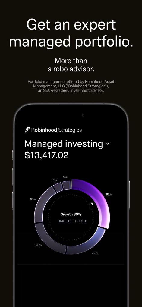 Robinhood: Trading & Investing - 이 앱은 사용자의 투자 목표에 맞춰 자산이 배분된 관리형 포트폴리오를 제공하며, 도넛 차트를 통해 현재 총 관리 투자 금액과 각 자산의 배분 비율을 시각적으로 나타냅니다.