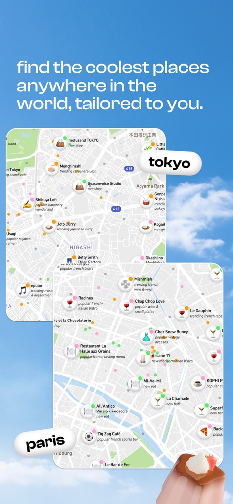 corner: curate & share places - Users can explore diverse locations across different cities, from Tokyo to Paris, with a variety of pins indicating various types of establishments on the map.
