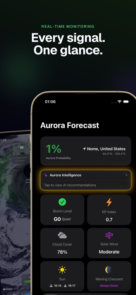 Aurora Forecast. App Store screenshot 5, headline “Every signal. One glance.”. Watch, iPad or Mac beside it.