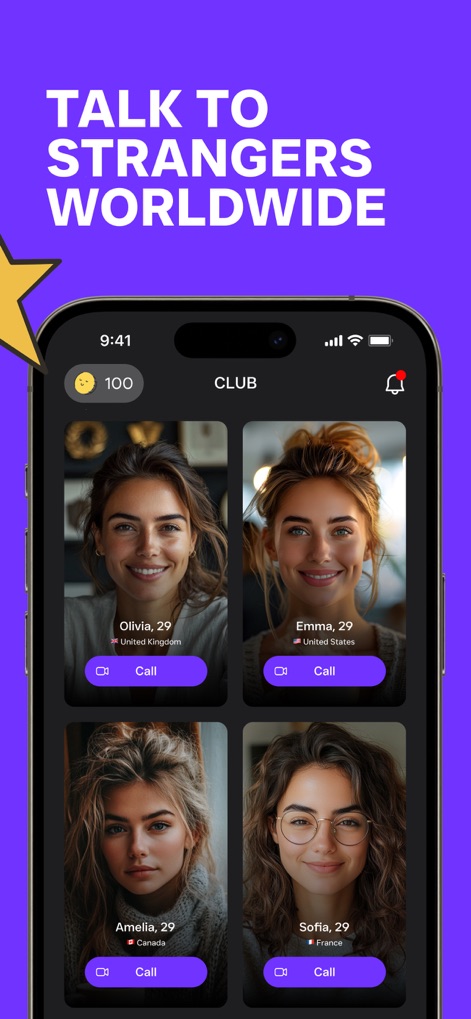 HIYAK - Video Chat & Live Call - Gli utenti possono esplorare una griglia dinamica di profili di persone da tutto il mondo, con nomi come Olivia ed Emma, e avviare immediatamente una videochiamata grazie all'evidente pulsante "Call" presente su ogni tessera.