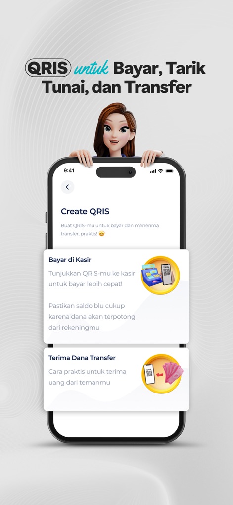 blu by BCA Digital - La herramienta facilita pagos y transferencias mediante QRIS, ofreciendo opciones claras para pagar en caja y recibir fondos con rapidez.