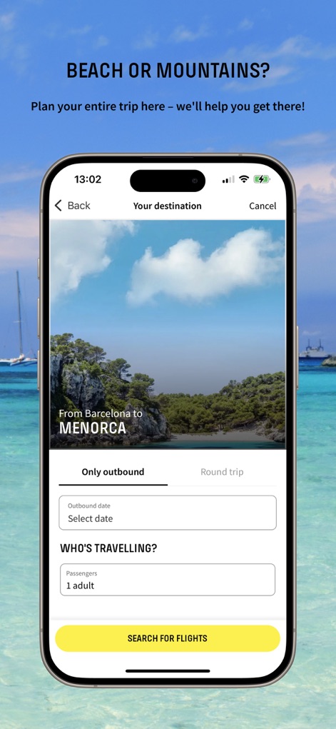 Vueling Airlines-Cheap Flights - Les utilisateurs peuvent définir précisément leur voyage en spécifiant les dates de départ et de retour ainsi que le nombre de passagers, le tout présenté sur une interface épurée et fonctionnelle.