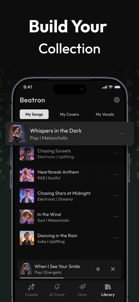 Beatron : AI Song, Music Maker - Unter "Build Your Collection" finden Nutzer ihre generierten Songs, übersichtlich aufgelistet mit Titel wie 'Whispers in the Dark' und Genre-Angaben, um ihre persönlichen musikalischen Werke zu verwalten.