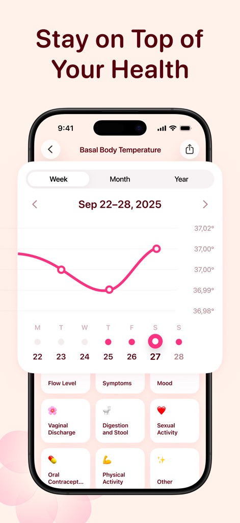 Ovi Cycle & Period Tracker - Users can monitor their Basal Body Temperature through an intuitive graph and access a comprehensive logging interface for symptoms like vaginal discharge and physical activity.