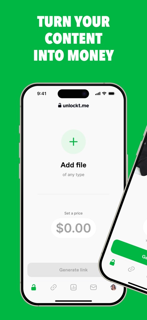 Unlockt - Sell your files - See how the app streamlines content sales, featuring a clear 'Add file' option and easy price setting.