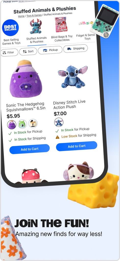 Five Below - The app presents popular items within categories such as 'Stuffed Animals & Plushies', detailing products like the 'Sonic The Hedgehog Squishmallows' and indicating their 'In Stock' status for purchase.