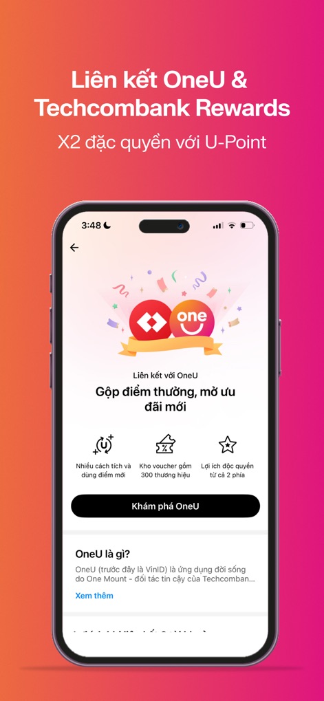 OneU: Tiết kiệm với U-Point - Esta ferramenta permite a integração direta com o Techcombank Rewards, exibindo a opção de vincular contas e mencionando mais de 300 marcas parceiras, ampliando as possibilidades de resgate.