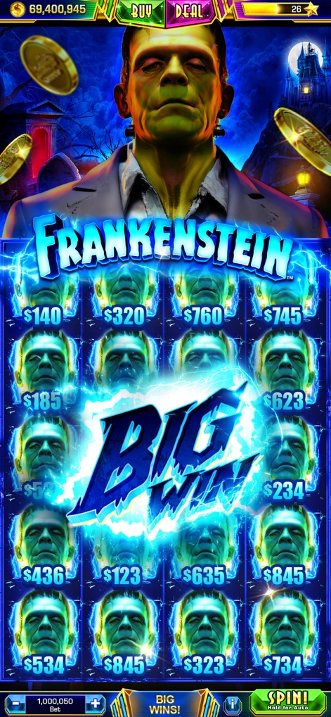 Quick Hit Casino - Vegas Slots - Witness the electrifying "Frankenstein" themed slot, where a "BIG WIN!" erupts amidst a grid filled with various monetary awards.