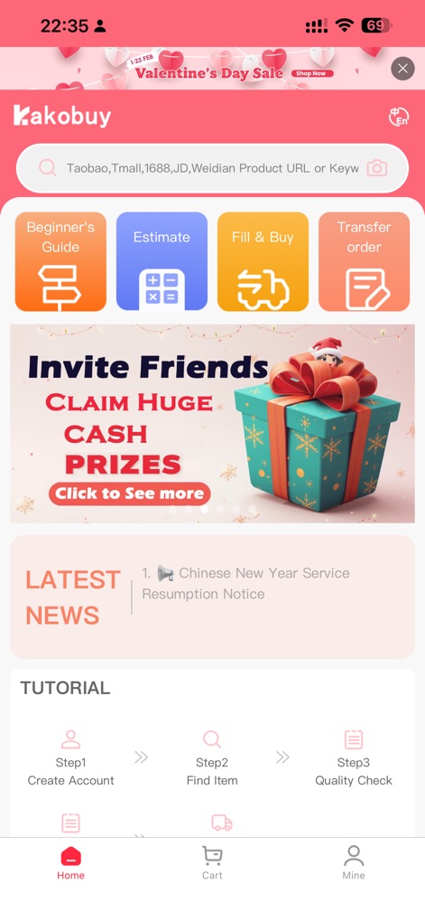 KakoBuy - KakoBuy's home screen offers quick access to essential features like the integrated search for product URLs and practical action buttons for "Estimate" and "Fill & Buy" operations.
