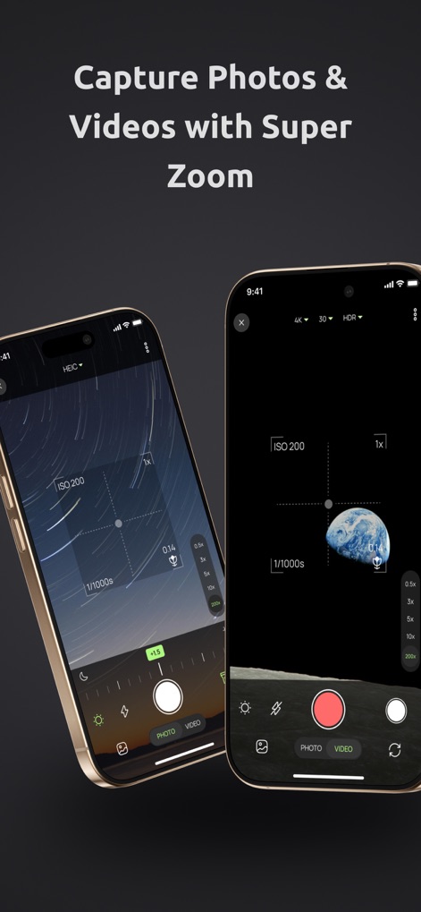 ZoomX : Super Zoom Camera - The app allows seamless switching between photo and video modes, enabling users to capture diverse scenes from star trails to distant Earth views with advanced controls.