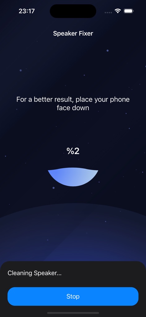 Speaker Cleaner - Clear Wave - Users can monitor the speaker cleaning process with a clear percentage indicator and a 'Cleaning Speaker...' status message.