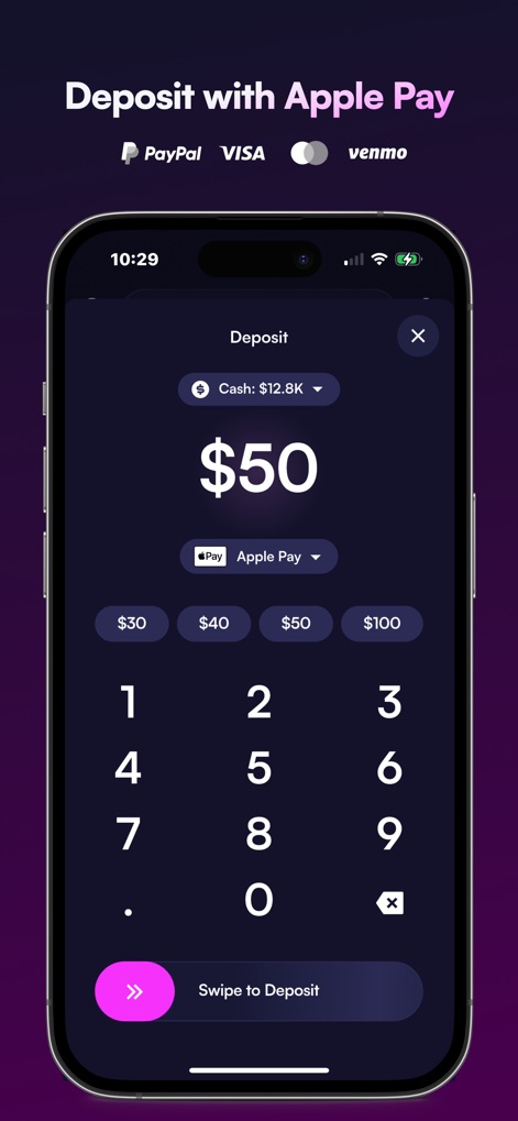 Moonshot - The platform streamlines fund deposits with multiple options, including a user-friendly number pad for input and integration with Apple Pay for quick transactions.