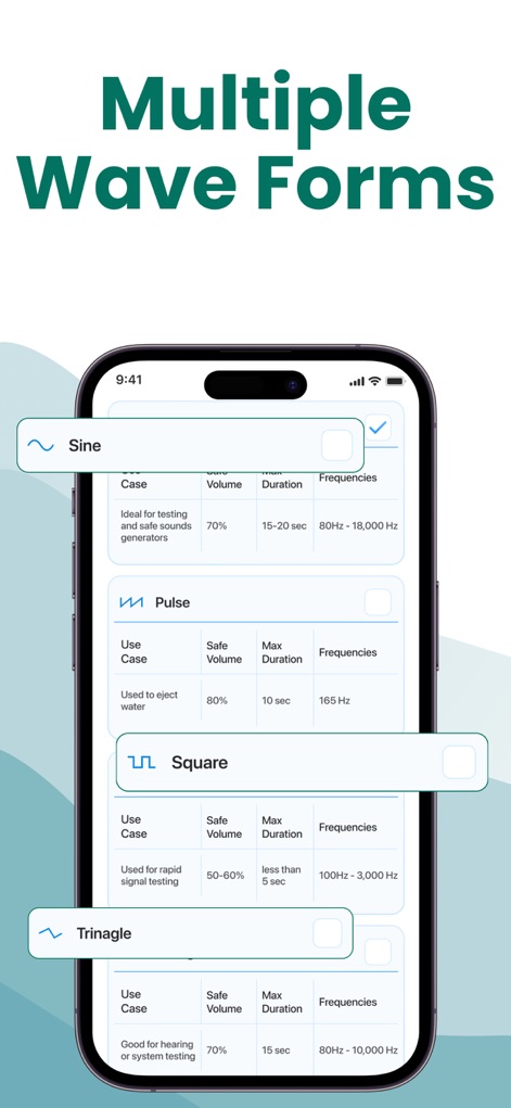 Clear Wave - Water Eject App - This screen showcases the app's 'diverse waveform selection', including 'Sine, Pulse, Square, and Triangle', each with specified use cases and parameters.