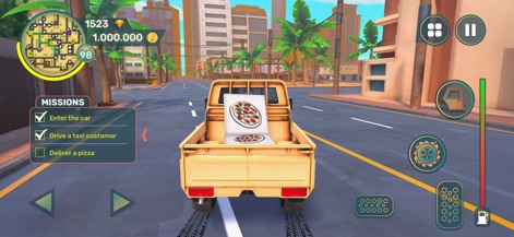 Amer: The Chase Hit and Run - Users can observe Amer engaging in a pizza delivery mission within a vibrant city setting, showcased alongside the intuitive on-screen driving controls for seamless navigation.