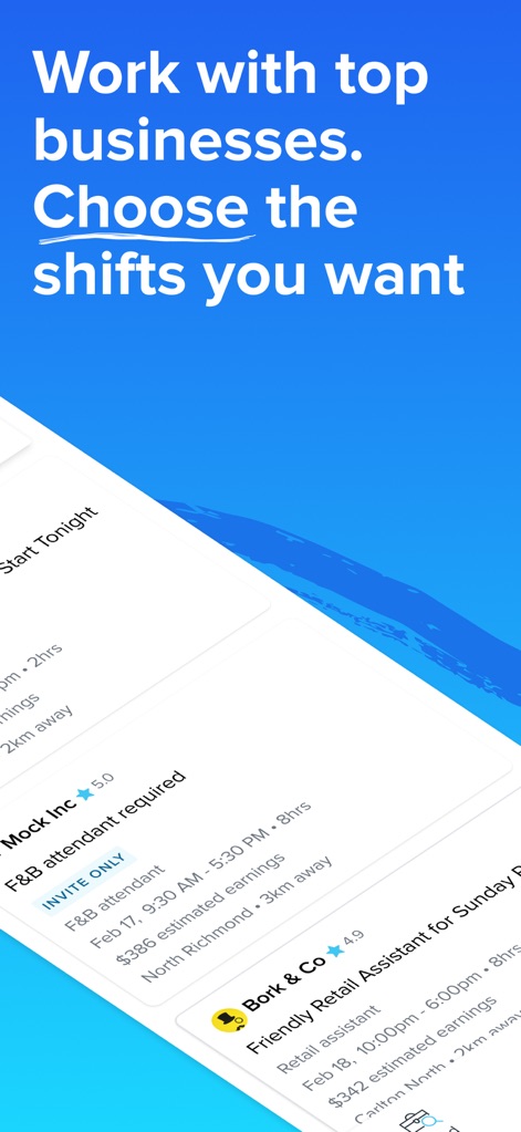 Sidekicker: Worker app - Users can explore a variety of job listings, including 'INVITE ONLY' roles and transparently view 'estimated earnings' before applying.