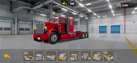 Truck Simulator Big Rigs - Nutzer können ihren LKW in der Werkstatt umfassend anpassen, wie am roten Semi-Truck zu sehen, während sie zwischen verschiedenen Konfigurationsoptionen wählen.